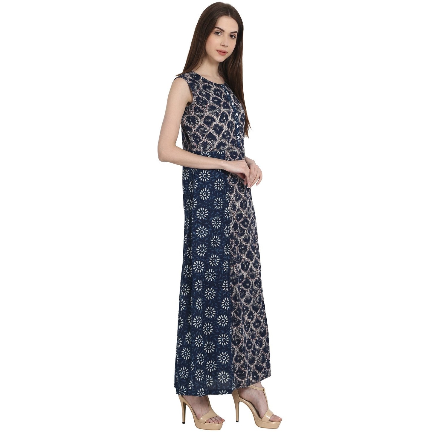Blue Printed Sleevless Rayon Kurta | LASVINI - Redefining Indian Fashion with Elegance