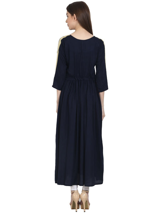 Navy Blue 3/4 Sleeve Cotton Anarkali Kurta | LASVINI - Redefining Indian Fashion with Elegance