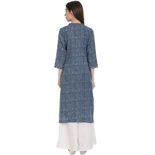 Blue Printed 3/4 Sleeve Cotton Kurta | LASVINI - Redefining Indian Fashion with Elegance