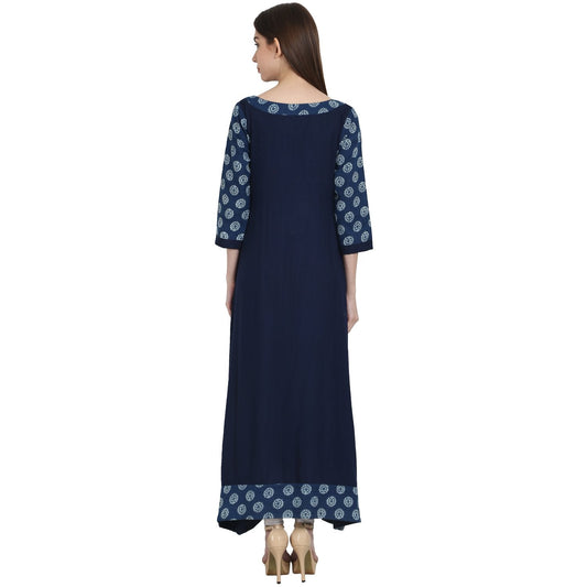 Navy Blue 3/4 Sleeve Cotton Slub Long Kurta | LASVINI - Redefining Indian Fashion with Elegance