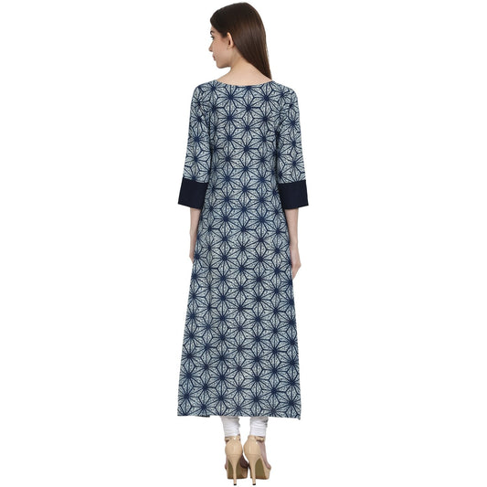 Blue Printed 3/4 Sleeve Assymetrical Cotton Kurta | LASVINI - Redefining Indian Fashion with Elegance