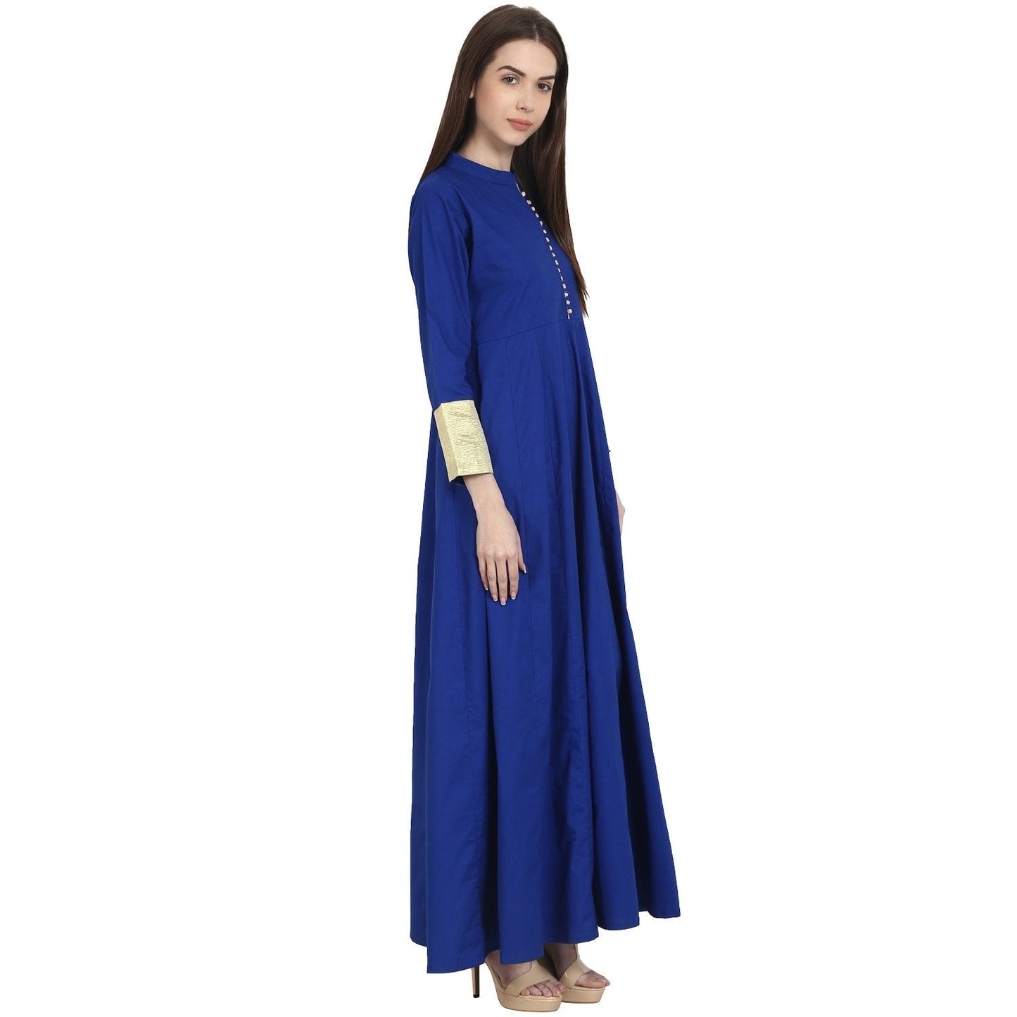 Blue 3/4 Sleeve Cotton Floor Length Anarkali Kurta | LASVINI - Redefining Indian Fashion with Elegance