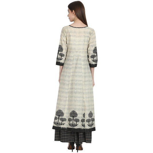Beige Tree Printed Cotton Kurta With Black Printed Skirt | LASVINI - Redefining Indian Fashion with Elegance