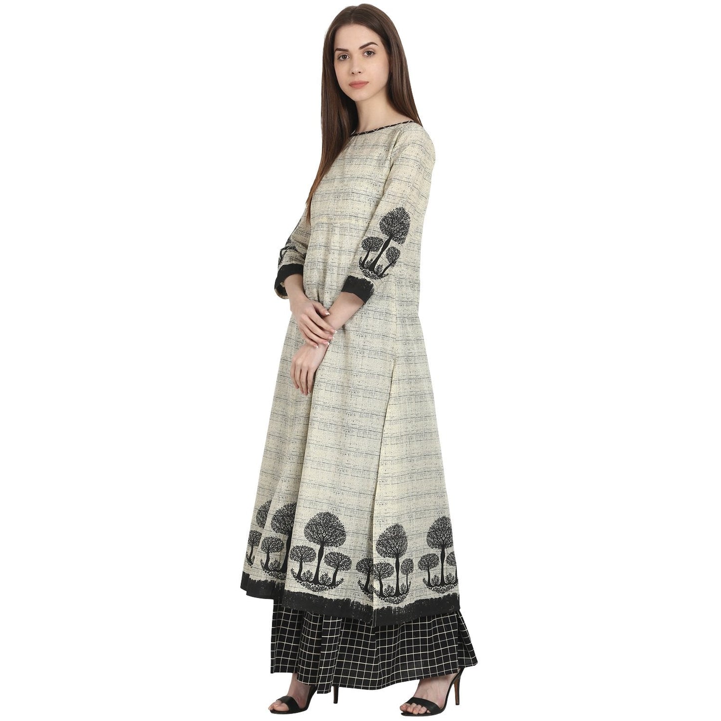 Beige Tree Printed Cotton Kurta With Black Printed Skirt | LASVINI - Redefining Indian Fashion with Elegance
