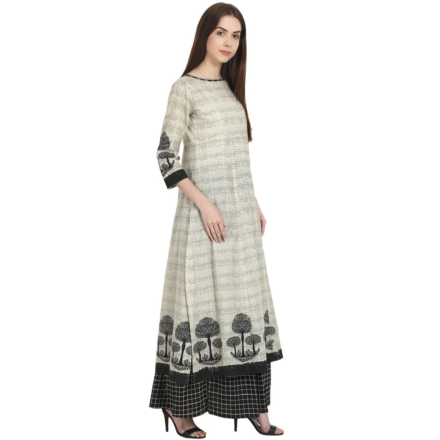 Beige Tree Printed Cotton Kurta With Black Printed Skirt | LASVINI - Redefining Indian Fashion with Elegance