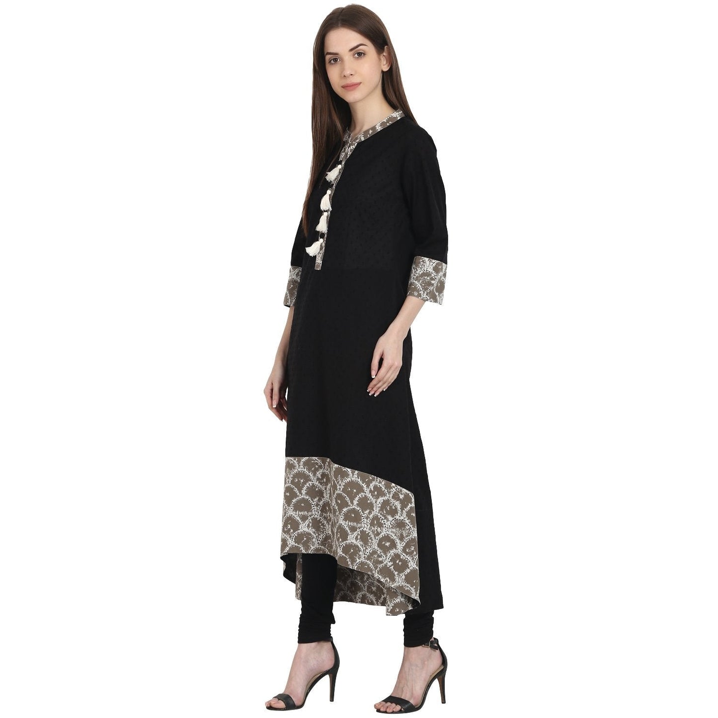 Black 3/4 Sleeve Cotton Low High Kurta | LASVINI - Redefining Indian Fashion with Elegance
