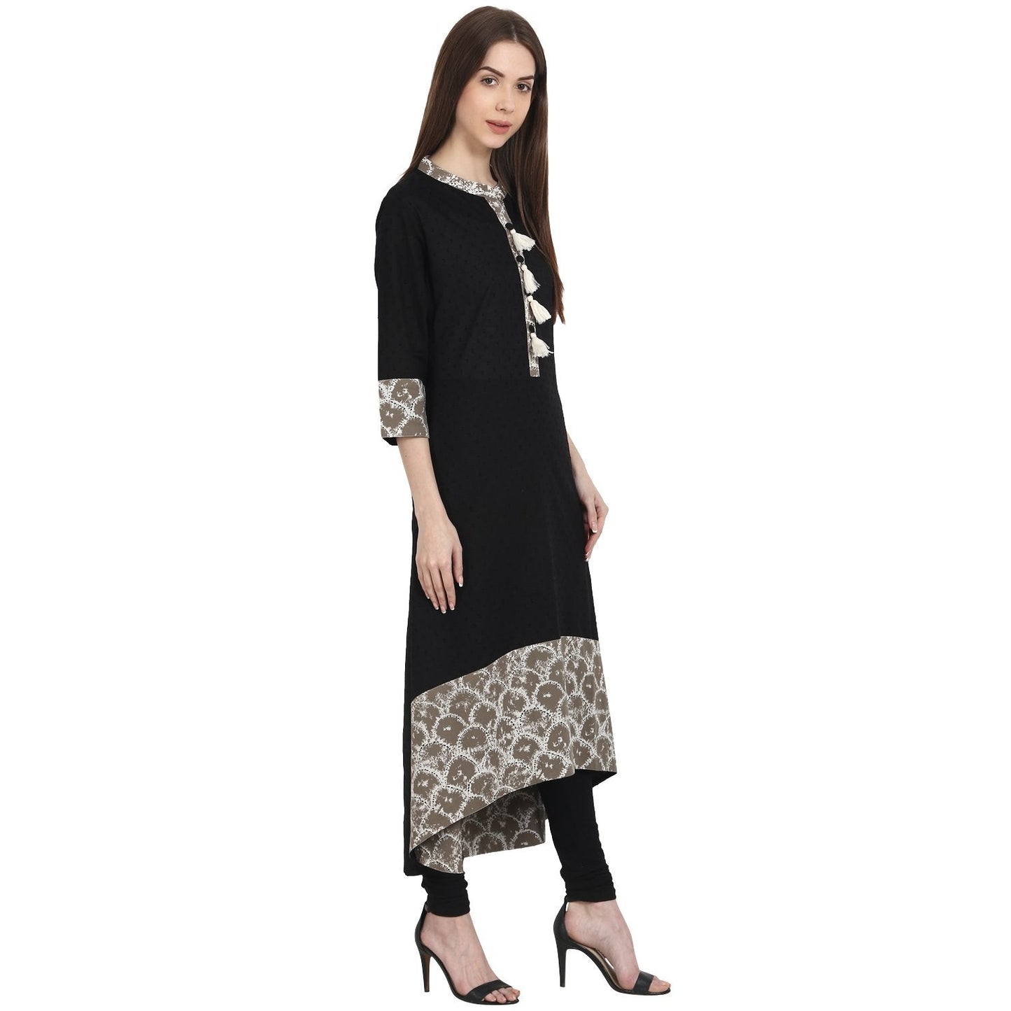 Black 3/4 Sleeve Cotton Low High Kurta | LASVINI - Redefining Indian Fashion with Elegance