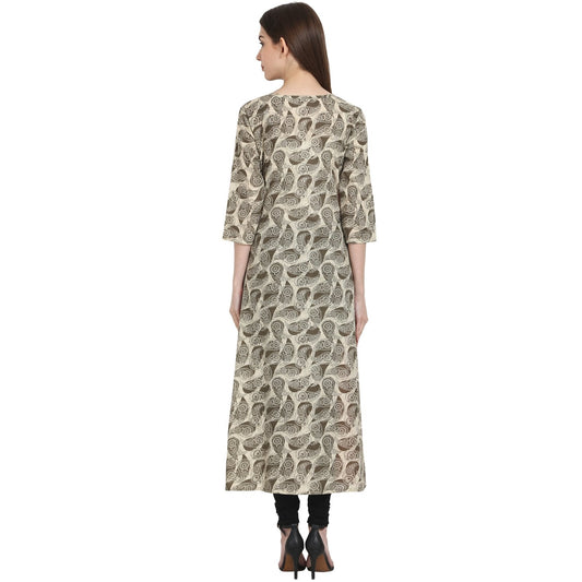 Beige Printed 3/4 Sleeve Cotton Anarkali Kurta | LASVINI - Redefining Indian Fashion with Elegance