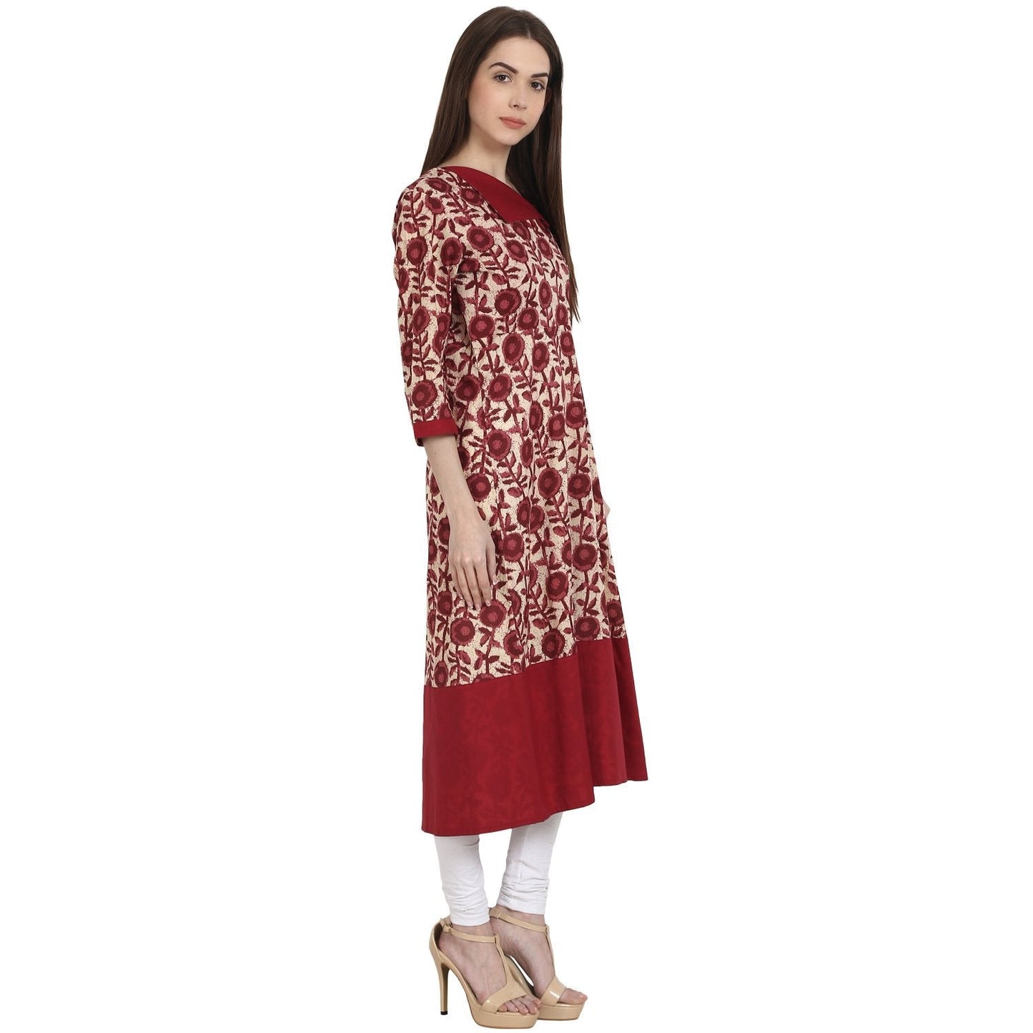 Maroon Printed 3/4 Sleeve Cotton A-Line Kurta | LASVINI - Redefining Indian Fashion with Elegance