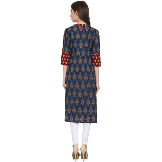 Blue Printed 3/4 Sleeve Cotton A-Line Kurta | LASVINI - Redefining Indian Fashion with Elegance