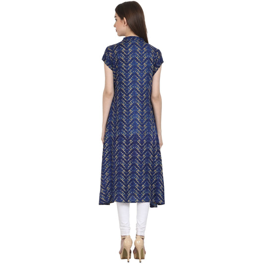 Blue Printed Cap Sleeve Rayon Front Open Kurta | LASVINI - Redefining Indian Fashion with Elegance