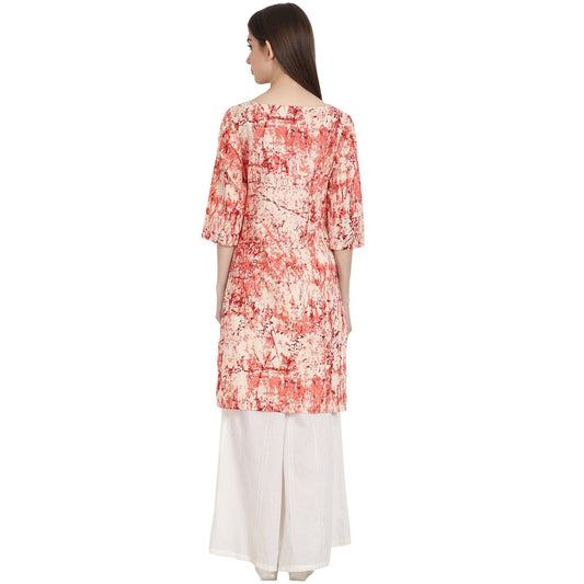 Peach Printed 3/4 Sleeve Low High Cotton Kurta | LASVINI - Redefining Indian Fashion with Elegance