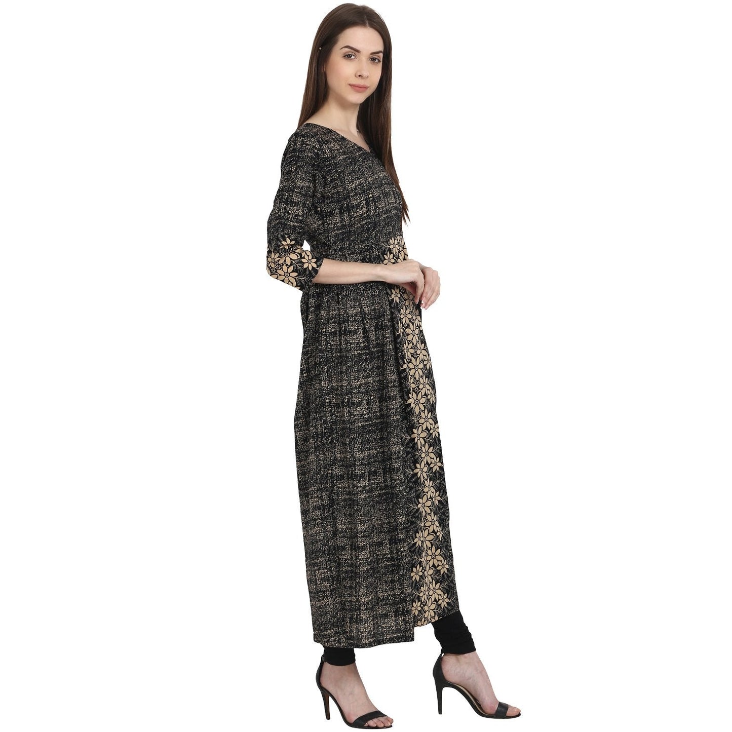 Dark Grey Printed 3/4 Sleeve Cotton Kurta | LASVINI - Redefining Indian Fashion with Elegance
