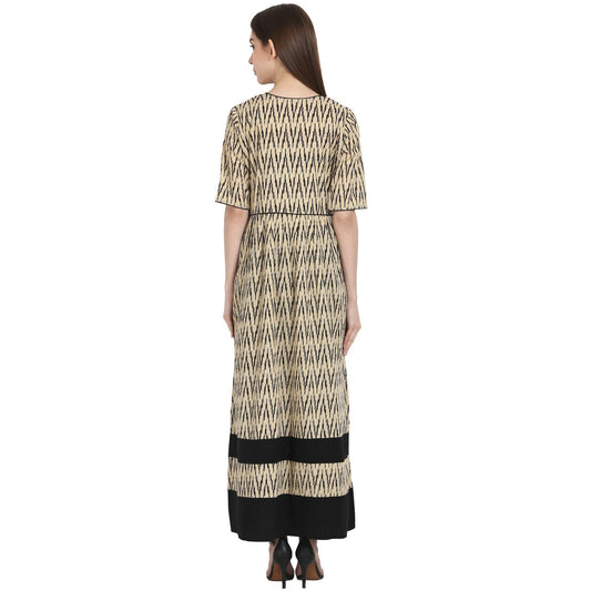 Beige Printed Half Sleeve Cotton Long Kurta | LASVINI - Redefining Indian Fashion with Elegance