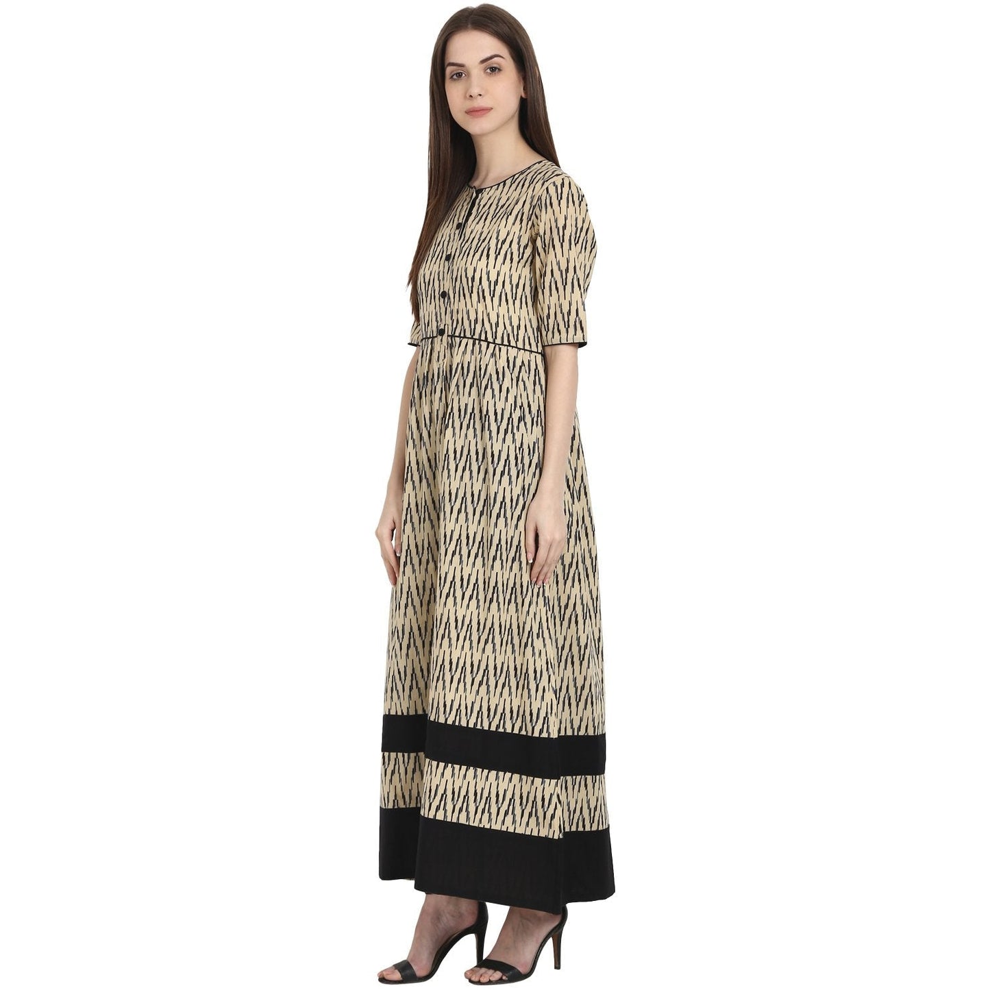 Beige Printed Half Sleeve Cotton Long Kurta | LASVINI - Redefining Indian Fashion with Elegance