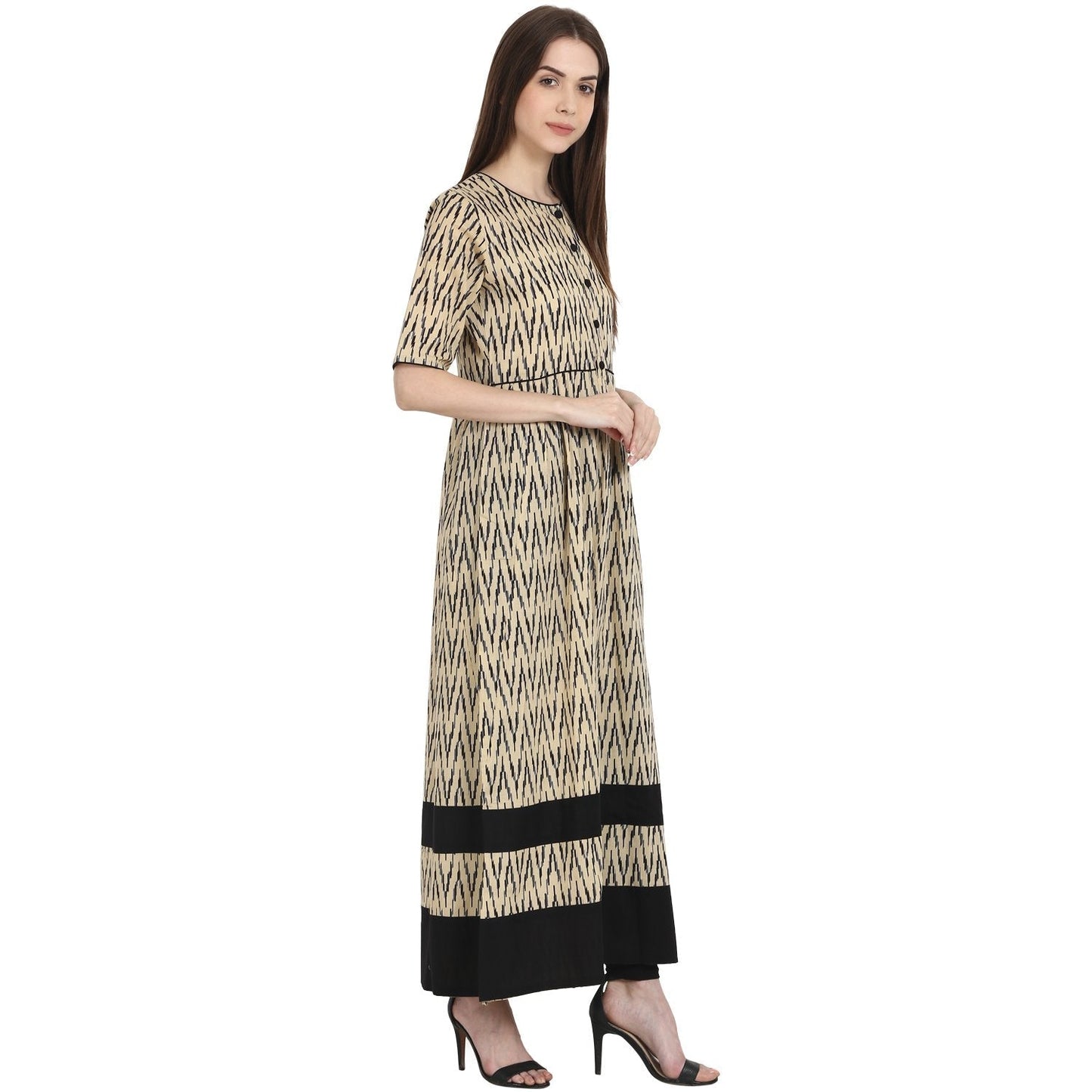 Beige Printed Half Sleeve Cotton Long Kurta | LASVINI - Redefining Indian Fashion with Elegance