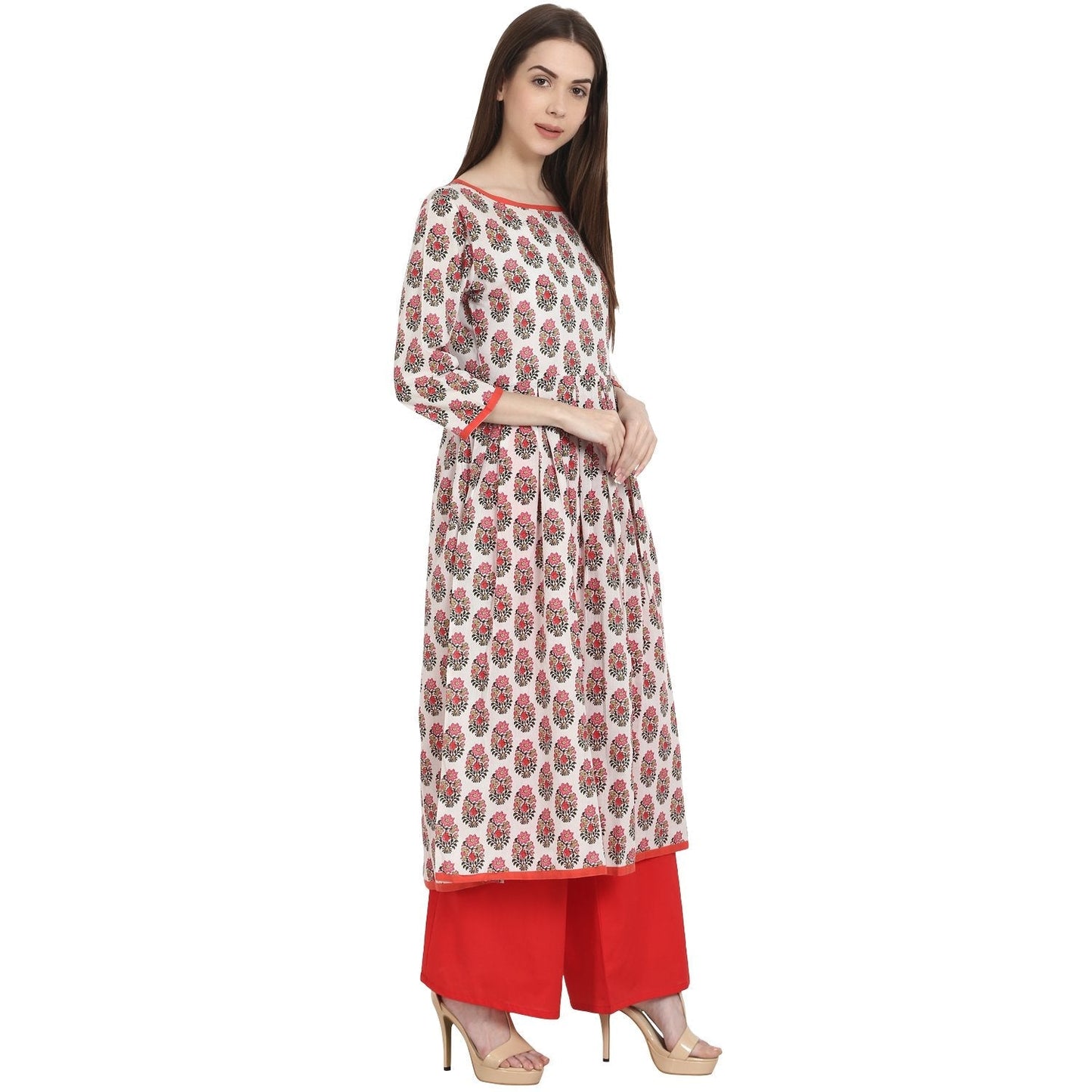 White & Red Printed 3/4 Sleeve Cotton A-Line Kurta | LASVINI - Redefining Indian Fashion with Elegance