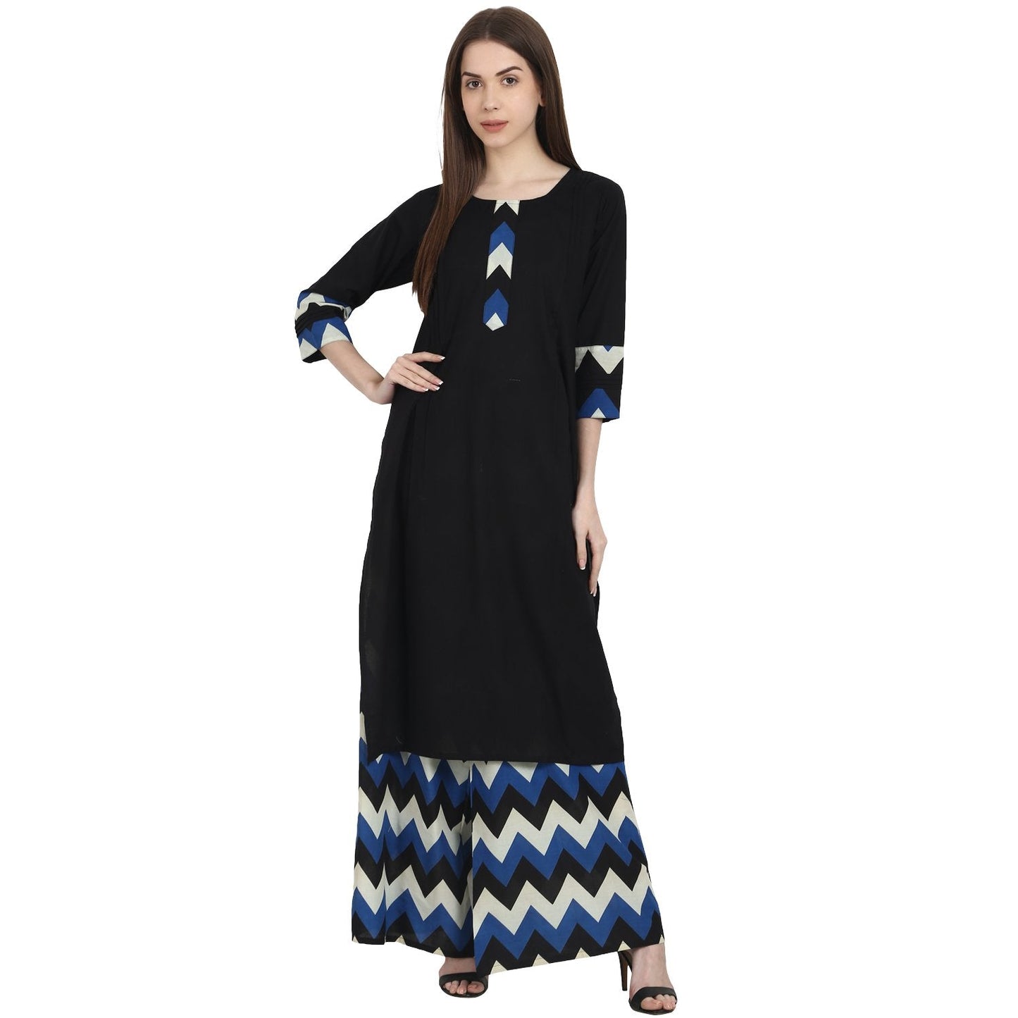 Black 3/4 Sleeve Kurta With Blue Printed Ankle Length Plazzo | LASVINI - Redefining Indian Fashion with Elegance