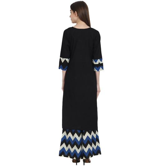 Black 3/4 Sleeve Kurta With Blue Printed Ankle Length Plazzo | LASVINI - Redefining Indian Fashion with Elegance