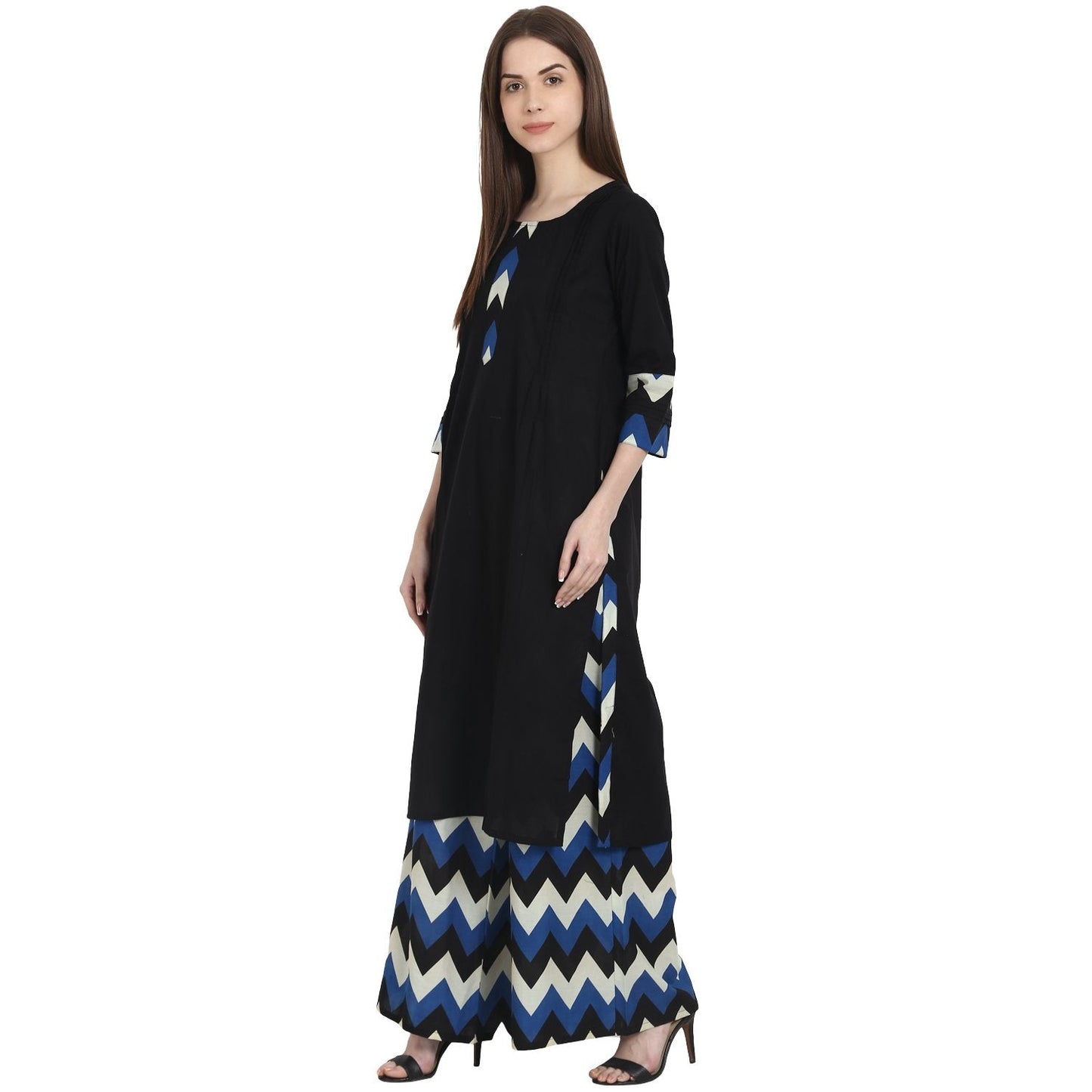 Black 3/4 Sleeve Kurta With Blue Printed Ankle Length Plazzo | LASVINI - Redefining Indian Fashion with Elegance
