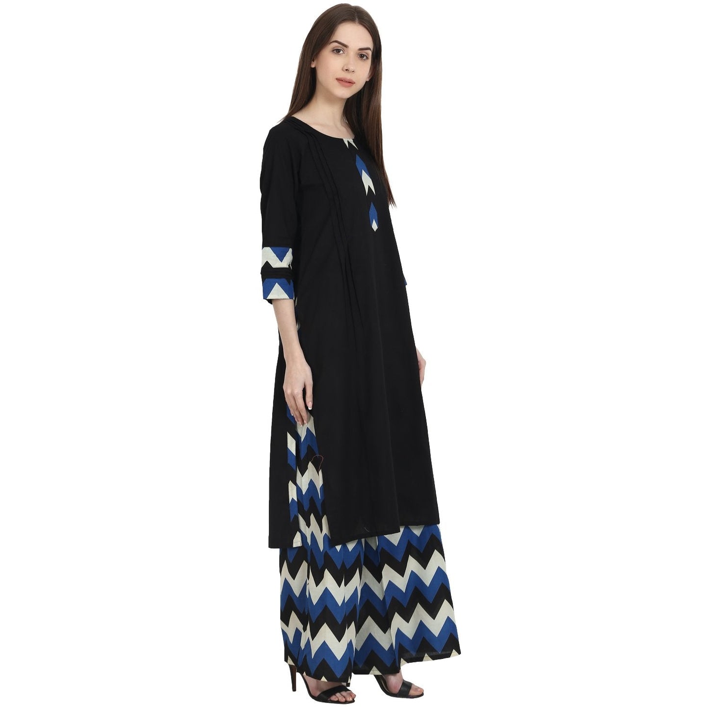 Black 3/4 Sleeve Kurta With Blue Printed Ankle Length Plazzo | LASVINI - Redefining Indian Fashion with Elegance