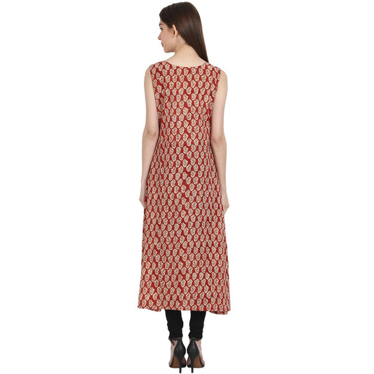 Red Printed Sleevless Cotton A-Line Kurta | LASVINI - Redefining Indian Fashion with Elegance