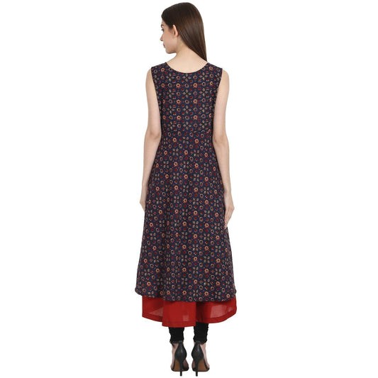 Multi Printed Sleevless Cotton Anarkali Kurta With Red Inner | LASVINI - Redefining Indian Fashion with Elegance