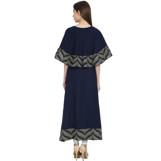 Navy Blue Cotton Slub A-Line Floor Length Kurta | LASVINI - Redefining Indian Fashion with Elegance
