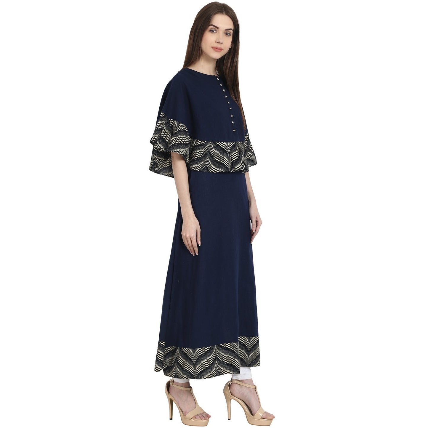 Navy Blue Cotton Slub A-Line Floor Length Kurta | LASVINI - Redefining Indian Fashion with Elegance