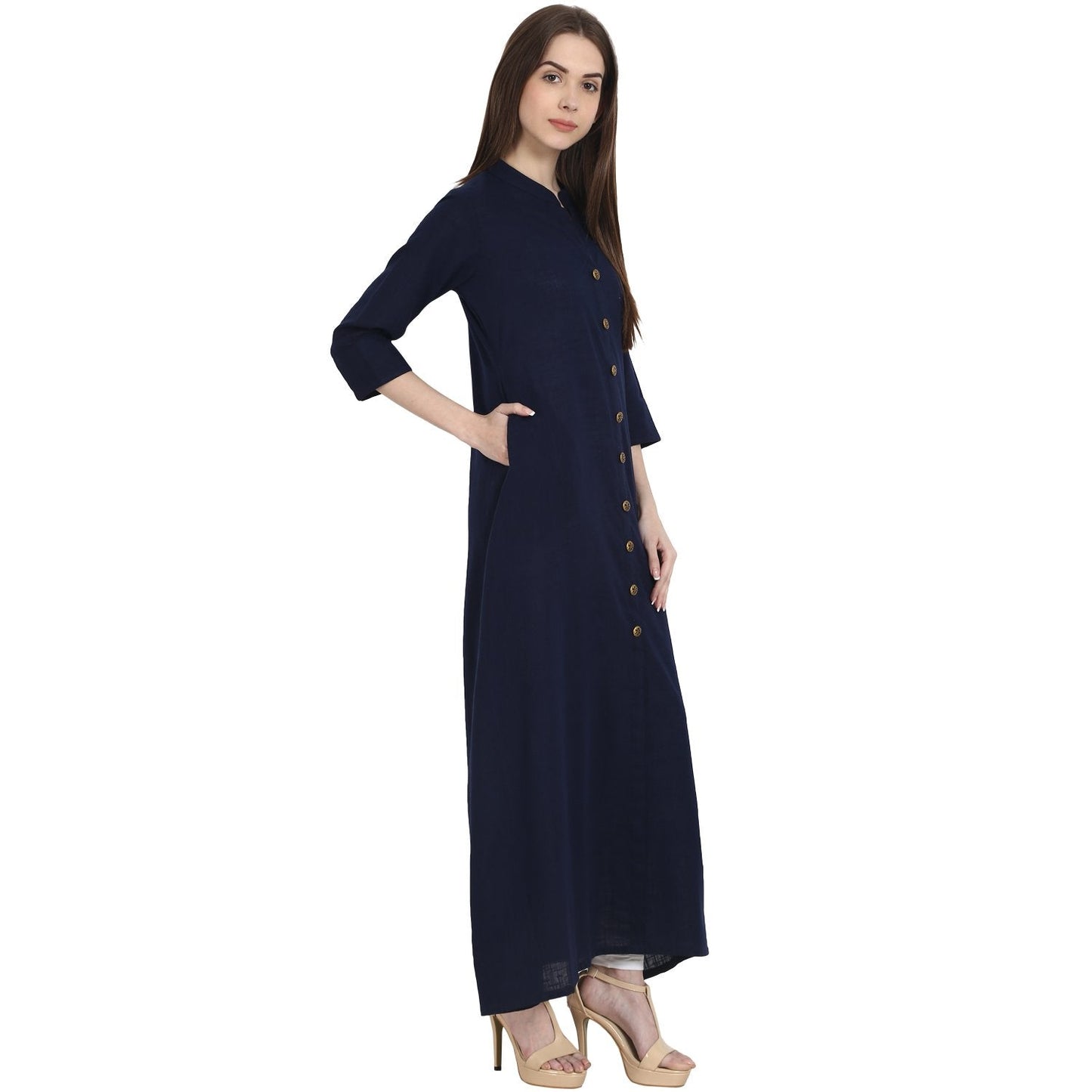 Navy Blue 3/4 Sleeve Front Open Cotton Slub A-Line Kurta | LASVINI - Redefining Indian Fashion with Elegance