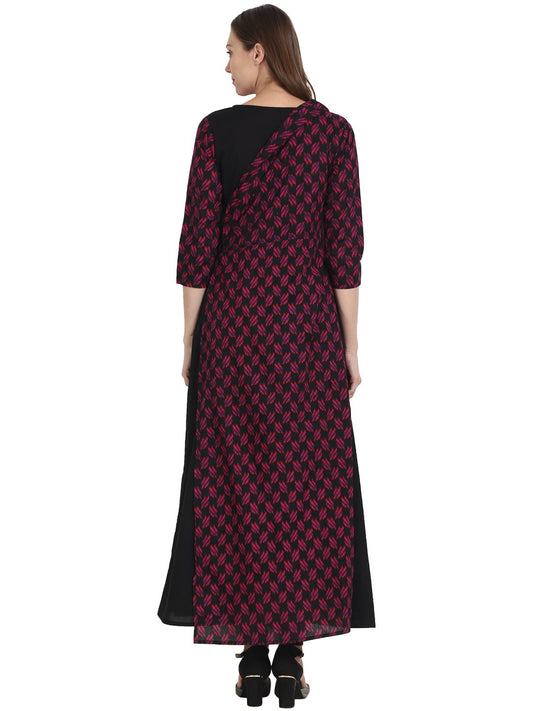 Women Printed Black Three-Quarter Sleeves Round Neck Cotton A-Line Kurta | LASVINI - Redefining Indian Fashion with Elegance
