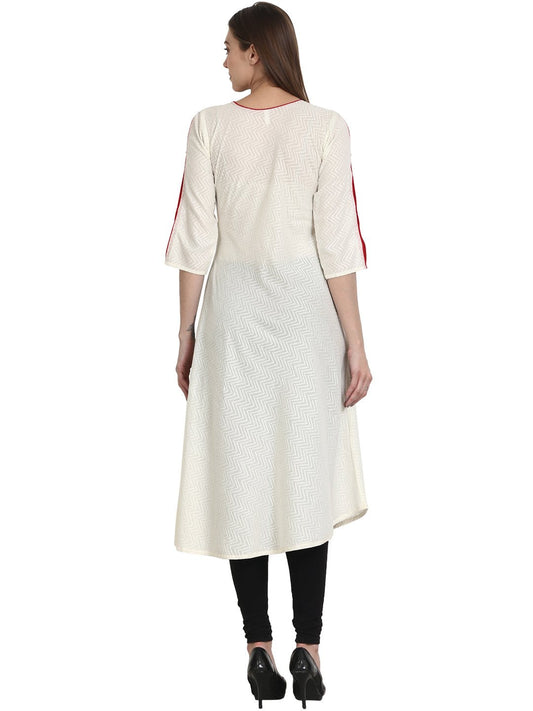 Women Solid White Three-Quarter Sleeves Round Neck Cotton A-Line Kurta | LASVINI - Redefining Indian Fashion with Elegance