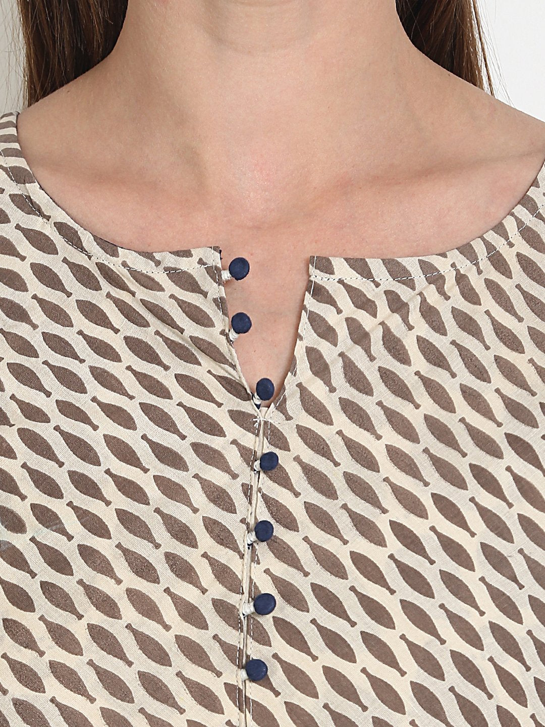 Women Printed Beige Three-Quarter Sleeves Round Neck Cotton A-Line Kurta | LASVINI - Redefining Indian Fashion with Elegance