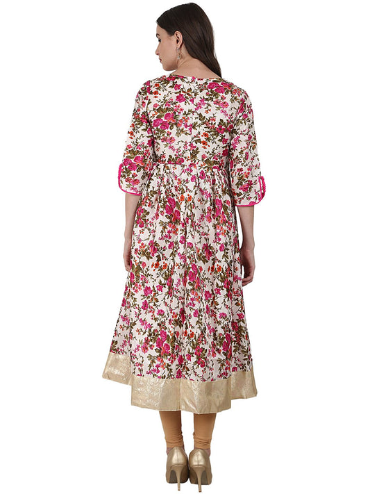 Silk Flower Printed 3/4 Sleeve Tale Cut Anarkali Kurta | LASVINI - Redefining Indian Fashion with Elegance
