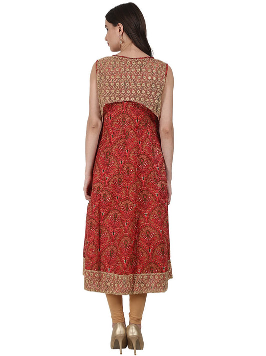Red Sleevless Cotton Anarkali Kurta With Net Work In Yoke And Hemline | LASVINI - Redefining Indian Fashion with Elegance