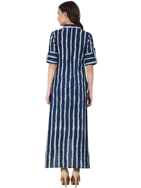 Women Blue Roll Up Sleeve Low High Cotton Kurta | LASVINI - Redefining Indian Fashion with Elegance