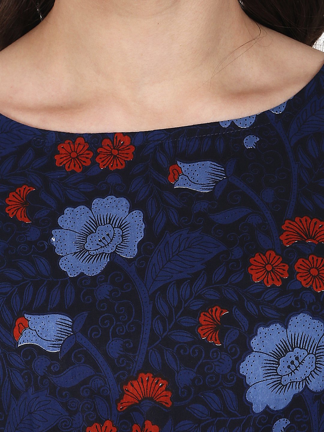 Navy Blue Printed Cap Sleeve A-Line Kurta | LASVINI - Redefining Indian Fashion with Elegance