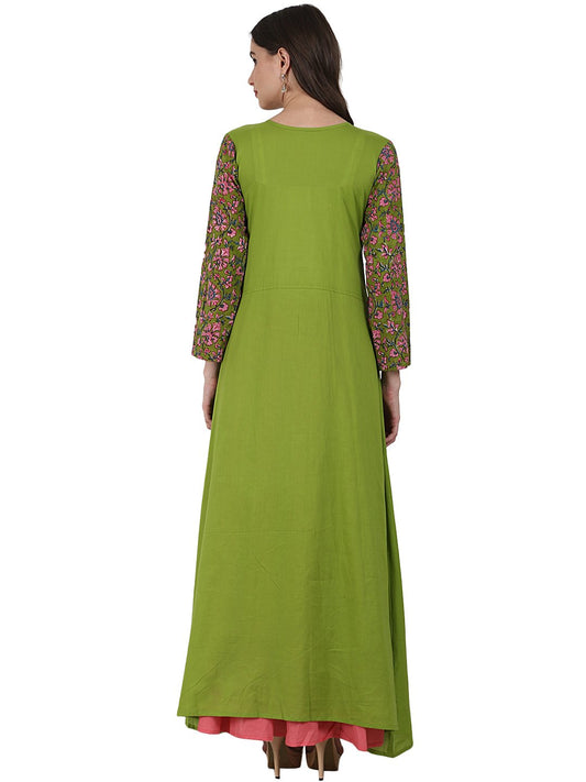 Green 3/4 Sleeve Cotton A-Line Kurta With Front Cut | LASVINI - Redefining Indian Fashion with Elegance