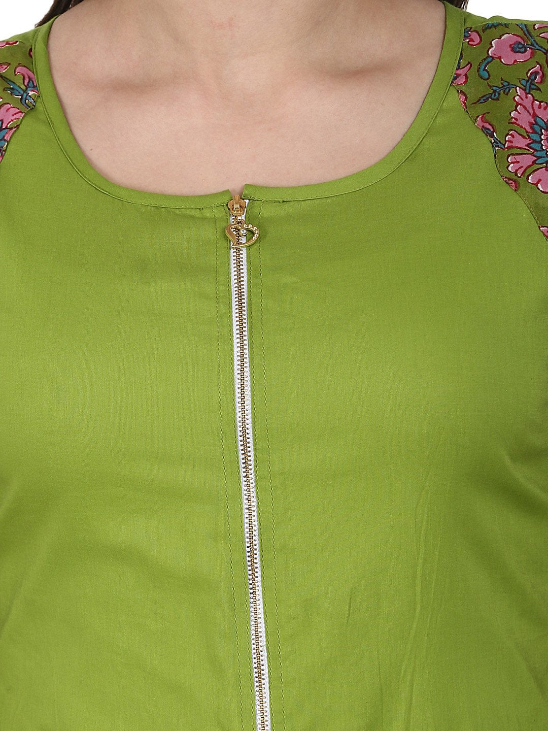 Green 3/4 Sleeve Cotton A-Line Kurta With Front Cut | LASVINI - Redefining Indian Fashion with Elegance