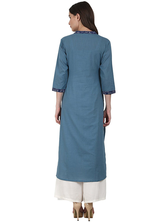 Blue 3/4 Sleeve Cotton Kurta | LASVINI - Redefining Indian Fashion with Elegance