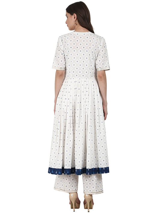 White Golden Butta Printed Anarkali Kurta & Plazzo With Blue Printed Dupatta | LASVINI - Redefining Indian Fashion with Elegance