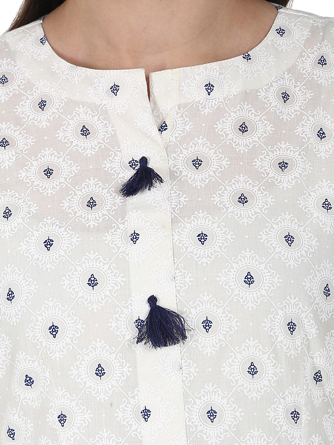 White Golden Butta Printed Anarkali Kurta & Plazzo With Blue Printed Dupatta | LASVINI - Redefining Indian Fashion with Elegance