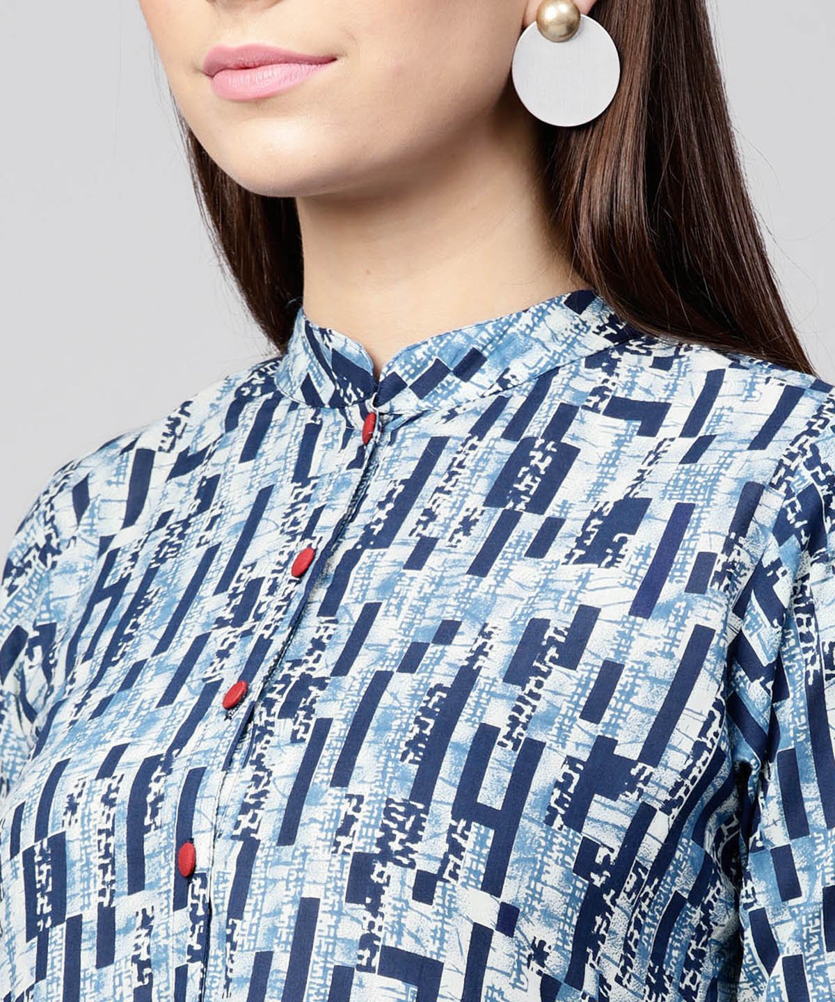 Blue Printed 3/4Th Sleeve Cotton Double Layer Kurta | LASVINI - Redefining Indian Fashion with Elegance