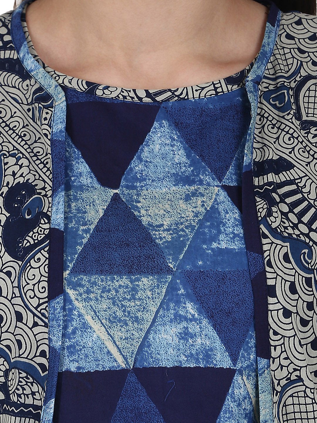 Blue Printed Top With Solid Ankle Length Plazzo & Sleevless Grey Printed Jacket | LASVINI - Redefining Indian Fashion with Elegance