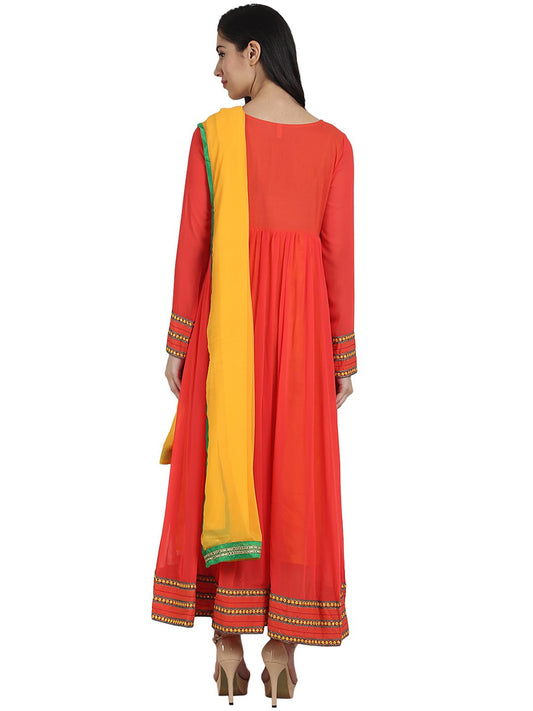 Orange Color 3/4Th Sleeve Georgette Anarkali Kurta With Embriodery Work And Yellow Dupatta | LASVINI - Redefining Indian Fashion with Elegance