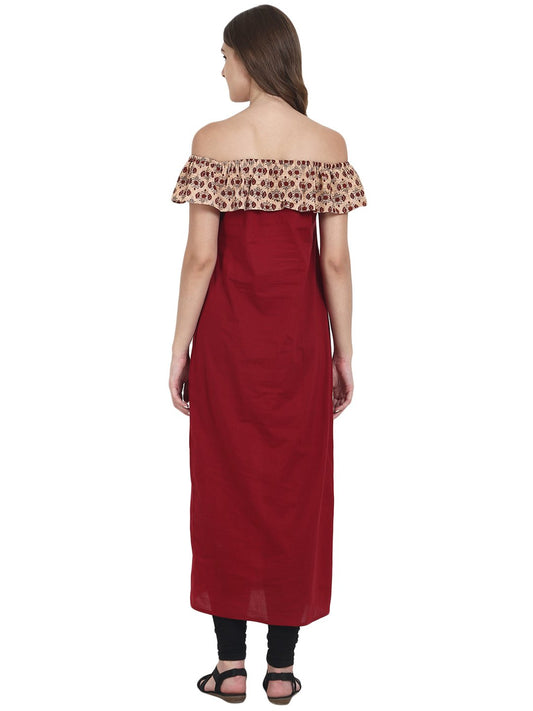 Maroon Off Shoulder Cotton Maxi Dress | LASVINI - Redefining Indian Fashion with Elegance
