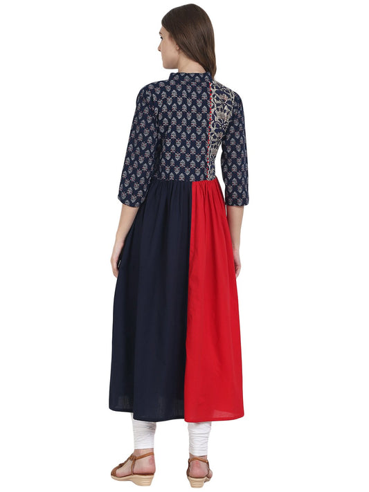 Navy Blue & Red Cotton Anarkali Kurta With Printed Yoke | LASVINI - Redefining Indian Fashion with Elegance