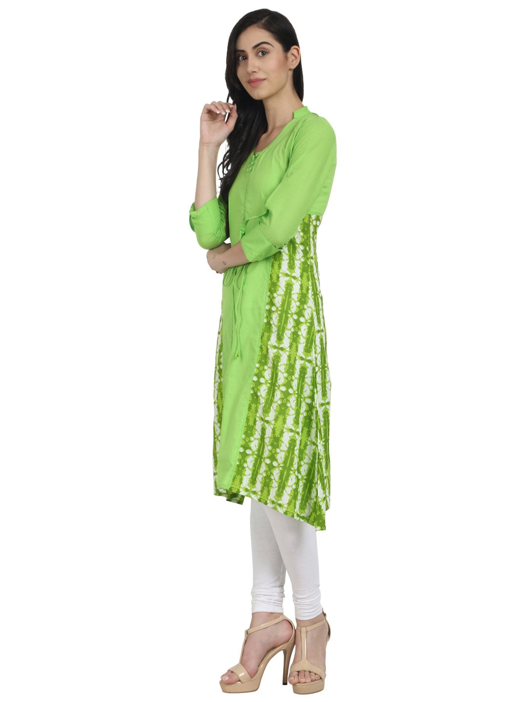Women Green Printed 3/4Th Sleeve A-Line Kurta | LASVINI - Redefining Indian Fashion with Elegance