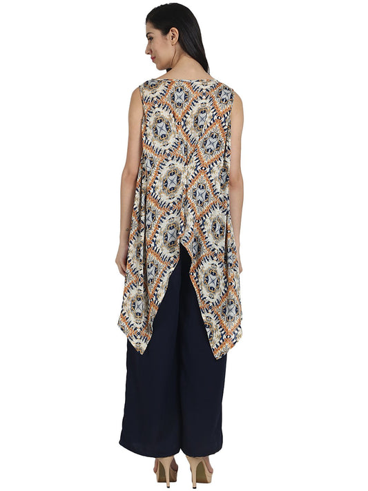 Blue Printed Crepe Sleeveless Assymetric Kurta With Navy Blue Palazzo | LASVINI - Redefining Indian Fashion with Elegance