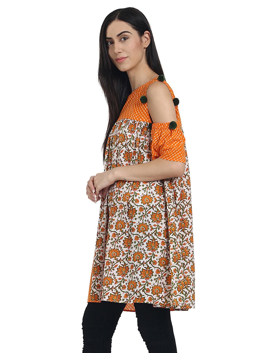 Orange Printed Cotton Cold Shoulder Half Sleeve Pleated Tunics | LASVINI - Redefining Indian Fashion with Elegance